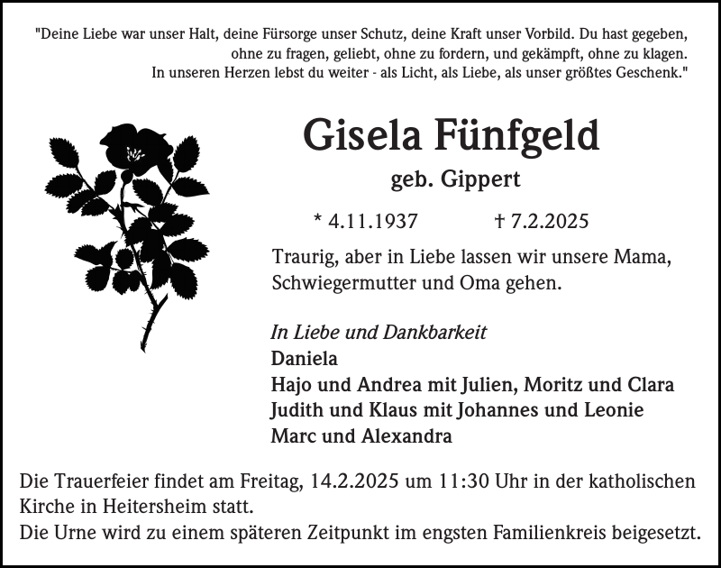 Gisela Fünfgeld: Traueranzeige : Badische Zeitung