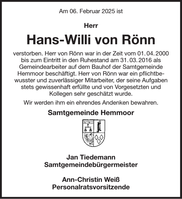 Hans-Willi von Rönn: Nachruf : Stader Tageblatt