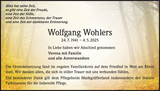 Anzeige für Wolfgang Wohlers